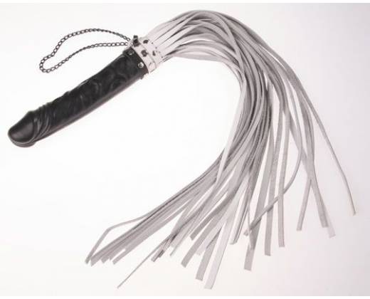 Белая плеть "Ракета" с чёрной ручкой-фаллосом - 65 см.