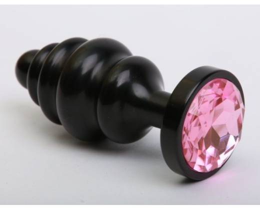 Чёрная ребристая анальная пробка с розовым кристаллом - 7,3 см.