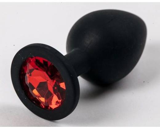 Черная силиконовая анальная пробка с красным кристаллом - 9,5 см.