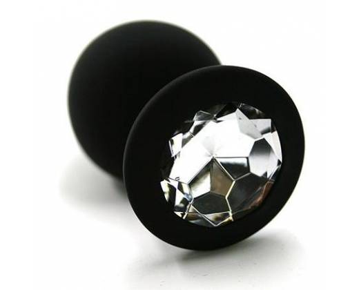 Чёрная силиконовая анальная пробка с прозрачным кристаллом - 7 см.