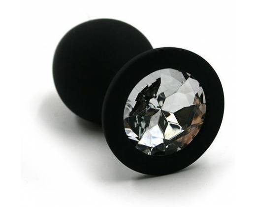 Чёрная силиконовая анальная пробка с прозрачным кристаллом - 8,3 см.