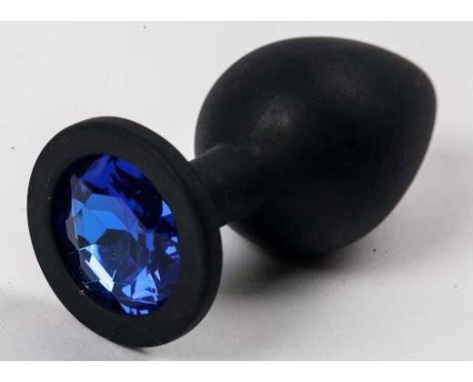 Черная силиконовая анальная пробка с синим стразом - 8,2 см.