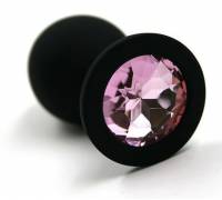 Чёрная силиконовая анальная пробка с светло-розовым кристаллом - 8,3 см.