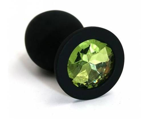 Чёрная силиконовая анальная пробка с светло-зеленым кристаллом - 7 см.