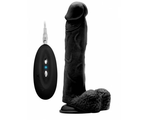 Чёрный вибратор-реалистик Vibrating Realistic Cock 9" With Scrotum - 23,5 см.