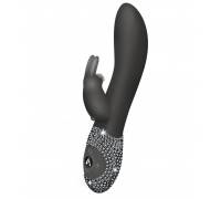 Чёрный вибромассажёр с клиторальным отростком и отделанной стразами рукоятью The Classic Rabbit - 22 см.