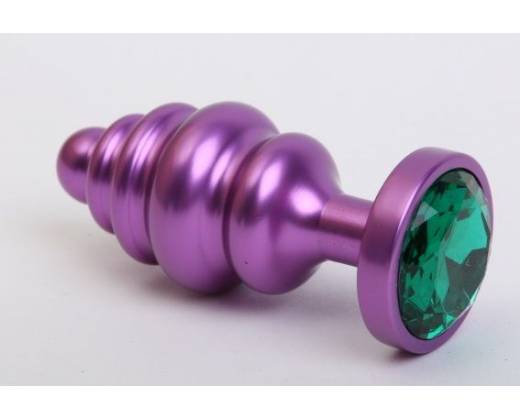 Фиолетовая ребристая анальная пробка с зеленым кристаллом - 7,3 см.