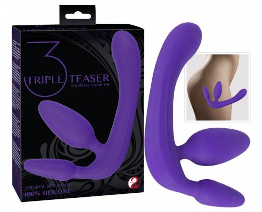 Фиолетовый безремневой страпон с двумя пробками