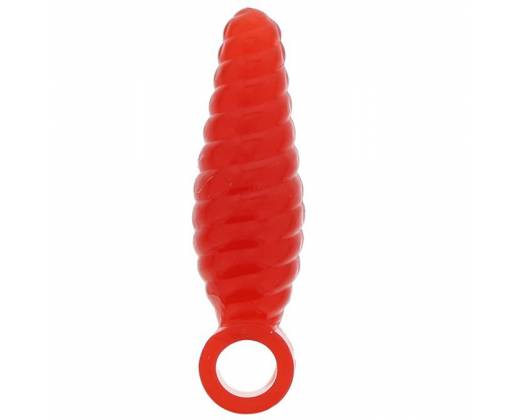 Красная анальная втулка со спиралью и ручкой-кольцом - 8 см.