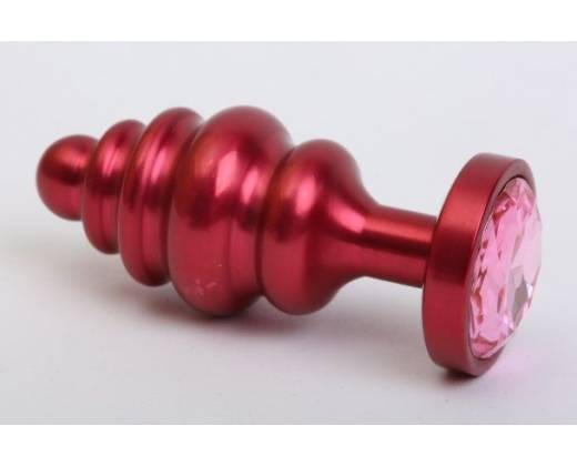 Красная ребристая анальная пробка с розовым стразом - 7,3 см.