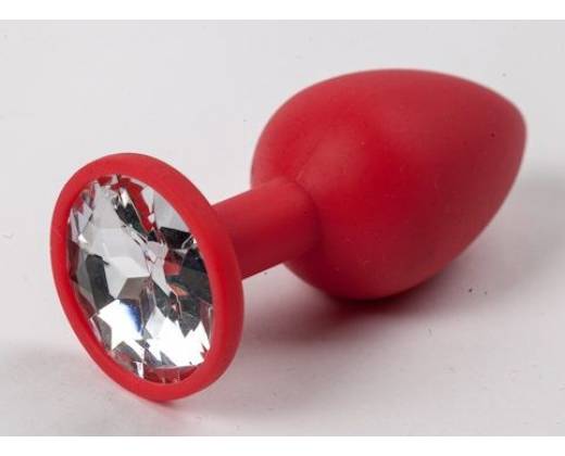 Красная силиконовая анальная пробка с прозрачным стразом - 7,1 см.