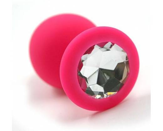 Розовая силиконовая анальная пробка с прозрачным кристаллом - 8,3 см.