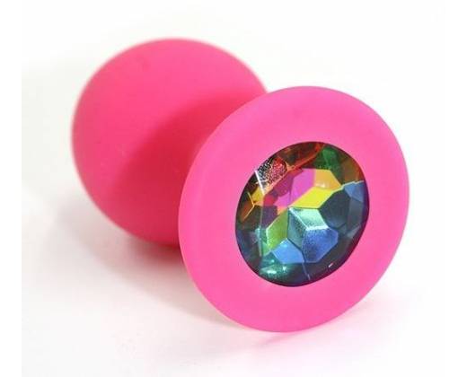 Розовая силиконовая анальная пробка с радужным кристаллом - 7 см.