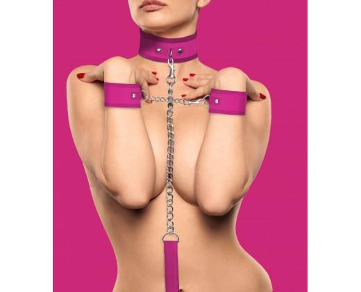 Розовый ошейник с поводком и наручниками Velcro Collar With Seperate Cuffs