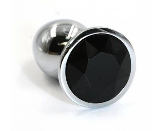 Серебристая алюминиевая анальная пробка с чёрным кристаллом - 8,4 см.