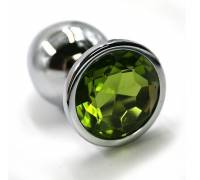 Серебристая алюминиевая анальная пробка с светло-зеленым кристаллом - 6 см.