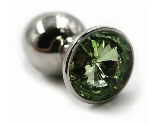Серебристая алюминиевая анальная пробка с светло-зеленым кристаллом - 8,4 см.