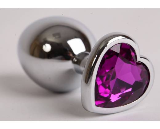 Серебристая анальная пробка с фиолетовым стразиком-сердечком - 8 см.