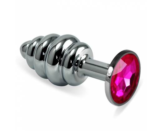 Серебристая ребристая пробка с ярко-розовым кристаллом размера L - 9,5 см.