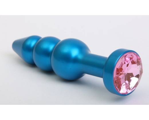 Синяя фигурная анальная пробка с розовым кристаллом - 11,2 см.
