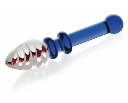 Стеклянный фаллоимитатор с синей ручкой - 16 см.