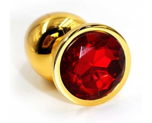 Золотистая алюминиевая анальная пробка с красным кристаллом - 7 см.
