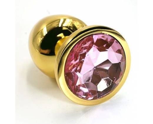 Золотистая алюминиевая анальная пробка с светло-розовым кристаллом - 6 см.