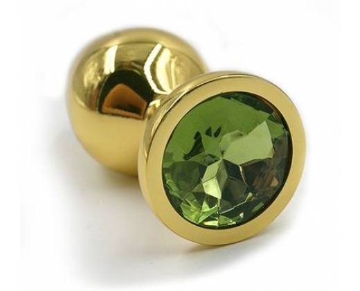 Золотистая алюминиевая анальная пробка с светло-зеленым кристаллом - 6 см.