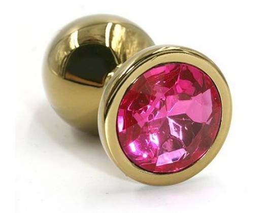 Золотистая алюминиевая анальная пробка с ярко-розовым кристаллом - 6 см.
