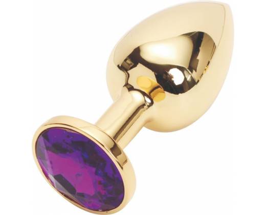 Золотистая анальная пробка с фиолетовым кристаллом размера L - 9 см.