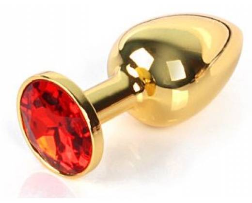Золотистая анальная пробка с красным кристаллом размера S - 7 см.