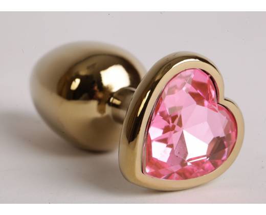 Золотистая анальная пробка с розовым стразиком-сердечком - 7,5 см.