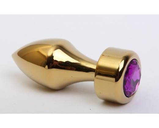 Золотистая анальная пробка с широким основанием и фиолетовым кристаллом - 7,8 см.