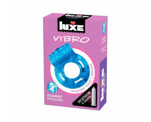 Голубое эрекционное виброкольцо Luxe VIBRO "Кошмар русалки" + презерватив