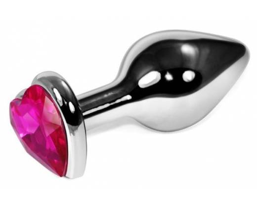 Серебристая анальная пробка с розовым кристаллом-сердцем - 9 см.