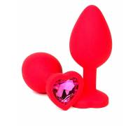 Красная силиконовая анальная пробка с розовым стразом-сердцем - 8,5 см.
