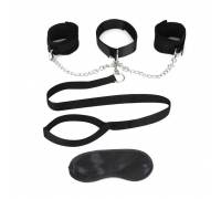 Чёрный ошейник с наручниками и поводком Collar Cuffs & Leash Set