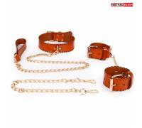 Изысканный кожаный набор с золотистыми цепочками: наручники, ошейник с поводком