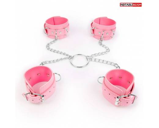 Комплект розовых наручников и оков на металлических креплениях с кольцом