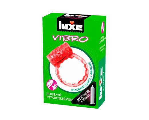 Розовое эрекционное виброкольцо Luxe VIBRO "Поцелуй стриптизёрши" + презерватив