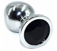 Серебристая анальная пробка из нержавеющей стали с черным кристаллом - 8,5 см.