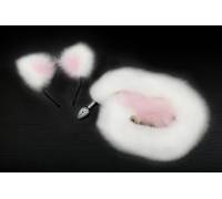 Серебристая анальная пробка с бело-розовым хвостиком и ободком-ушками