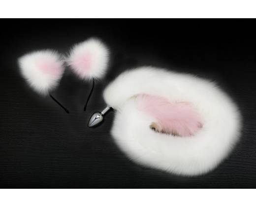 Серебристая анальная пробка с бело-розовым хвостиком и ободком-ушками