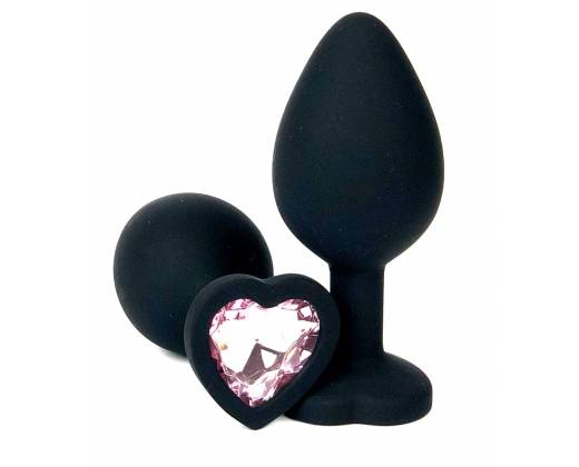 Черная силиконовая пробка с нежно-розовым кристаллом-сердечком - 8 см.