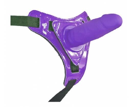 Фиолетовый страпон на лакированных трусиках - 12 см.
