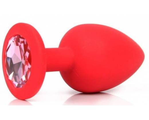 Красная анальная пробка с розовым кристаллом - 9,5 см.