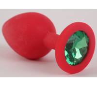 Красная силиконовая анальная пробка с зеленым стразом - 9,2 см.
