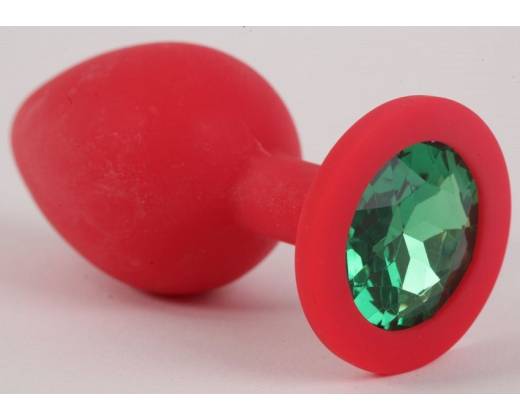 Красная силиконовая анальная пробка с зеленым стразом - 9,2 см.