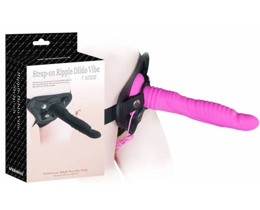 Розовый страпон 8 inch Strap-on Ripple Dildo Vibe - 21 см.