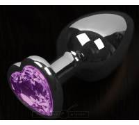 Серая анальная пробка с фиолетовым кристаллом в виде сердечка - 8,5 см.